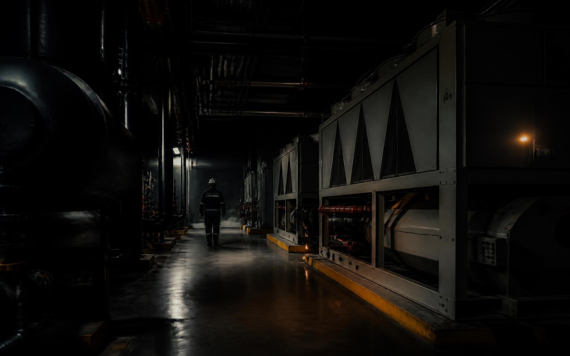 Commercial building mechanical room with chillers and pipework maintained by SCM