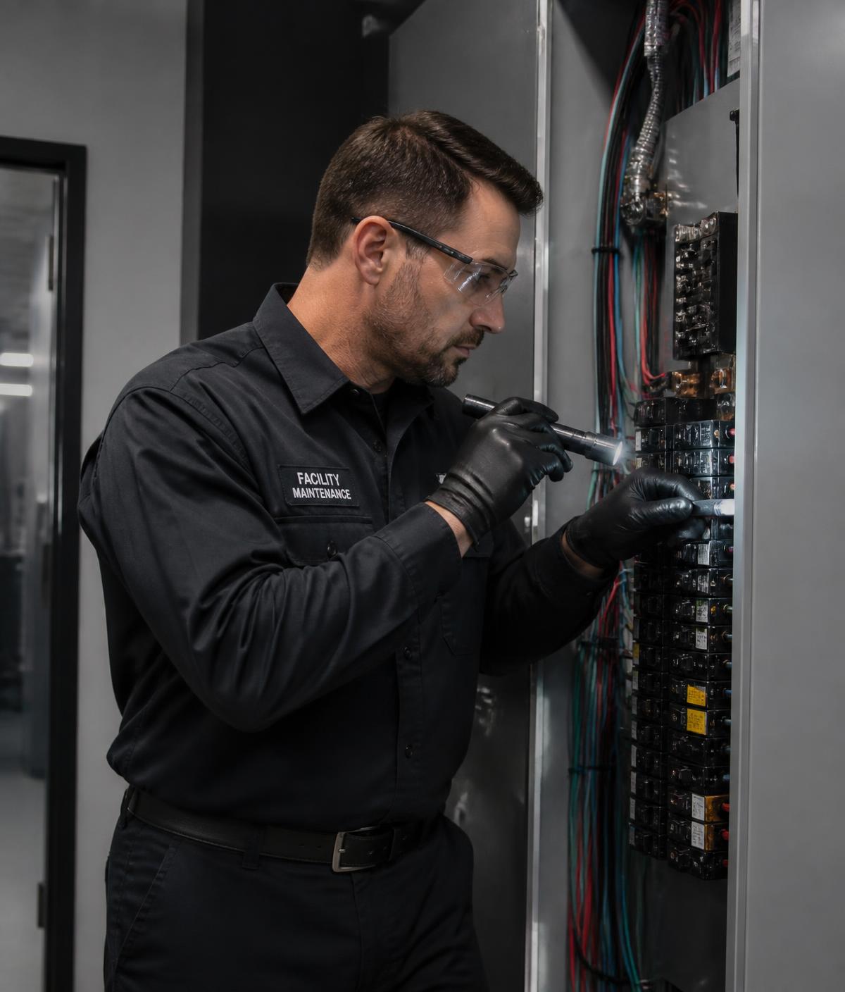 SCM technician servicing a commercial electrical panel
